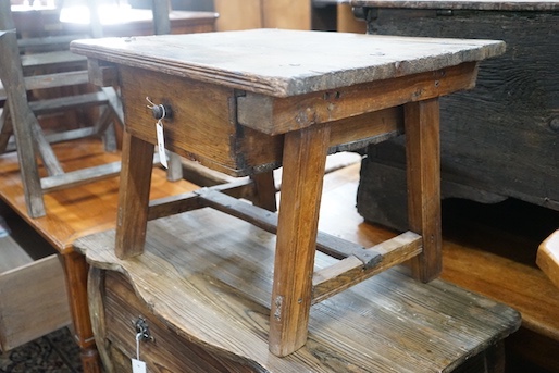 An 18th century style French rectangular pine and fruitwood low table, length 62cm, depth 50cm, height 46cm